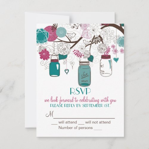 Sangria &amp; Teal Mason Jars RSVP Wedding Invitation