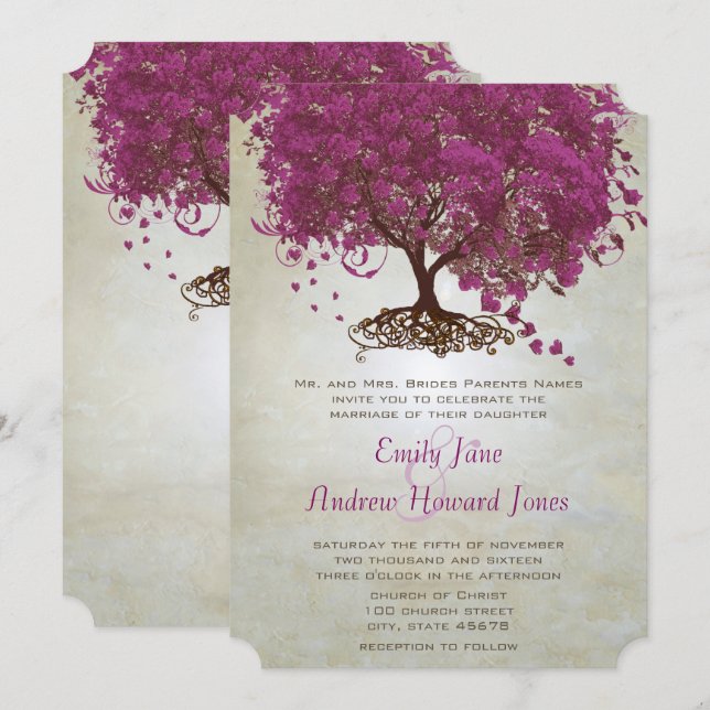 Sangria Wine Purple Heart Leaf Tree Wedding  Invitation (Front/Back)