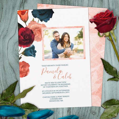 Sangria Wine Red Orange Teal Roses Wedding Invitation