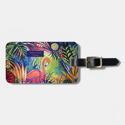 Sanibel Island Flamingo Art Luggage Tag