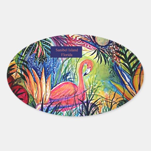 Sanibel Island Flamingo Art Oval Sticker