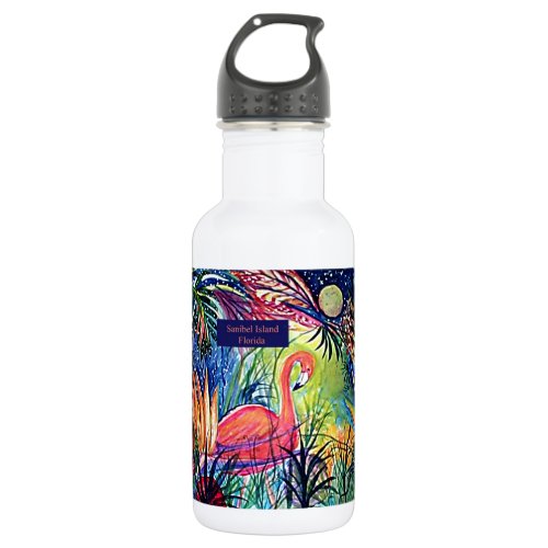Sanibel Island Flamingo Art Stainless Steel Water Bottle