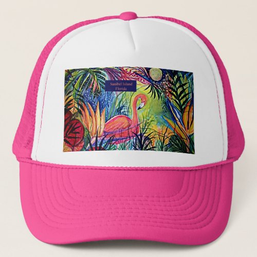 Sanibel Island Flamingo Art Trucker Hat