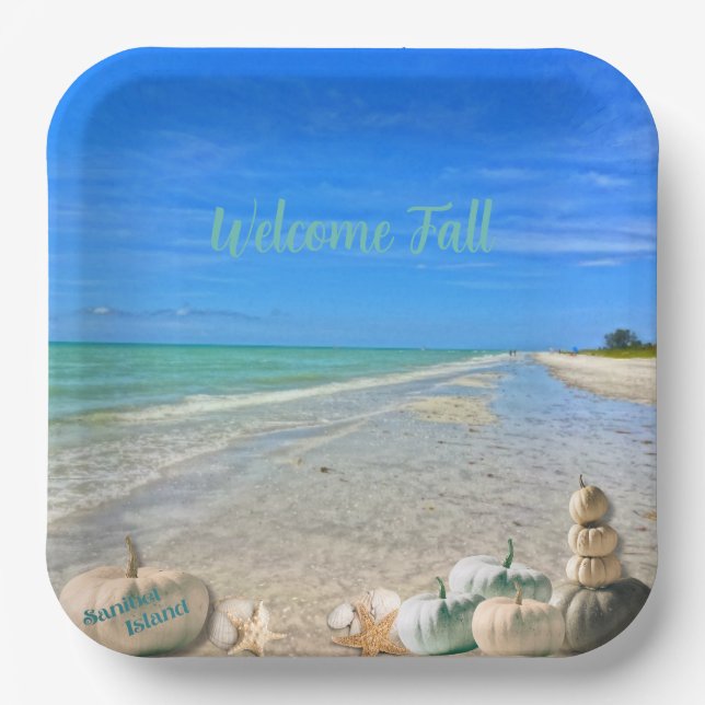 Sanibel Island Florida Beach with Fall Pumpkins  Paper Plates (Front)