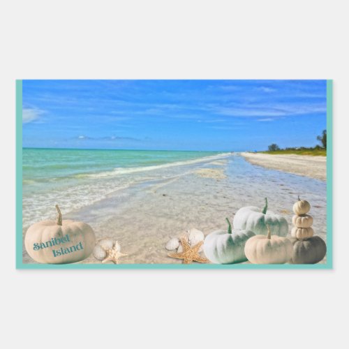 Sanibel Island Florida Beach with Fall Pumpkins Rectangular Sticker