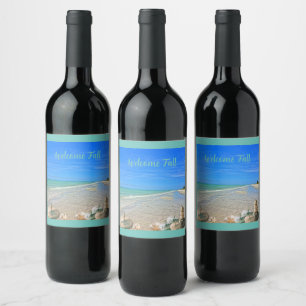 Sanibel Island Florida Beach with Fall Pumpkins  Wine Label