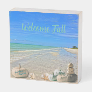 Sanibel Island Florida Beach with Fall Pumpkins Wooden Box Sign
