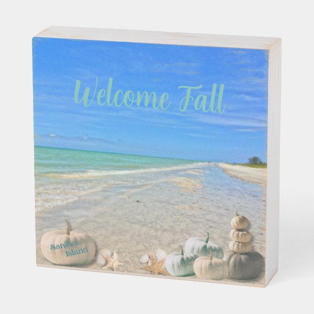 Sanibel Island Florida Beach with Fall Pumpkins  Wooden Box Sign (Angled Horizontal)