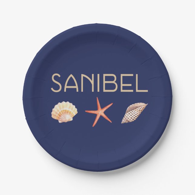 Sanibel Island Florida Seashells on Blue Paper Plates (Front)