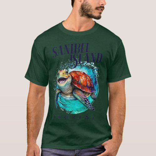 Sanibel Island Florida Watercolor Happy Sea Turtle T_Shirt