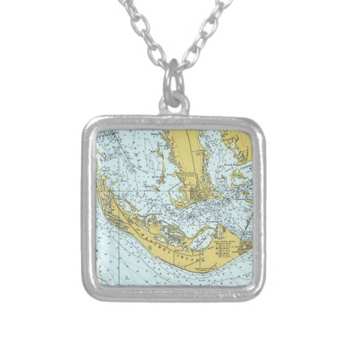 Sanibel Island nautical map Silver Plated Necklace
