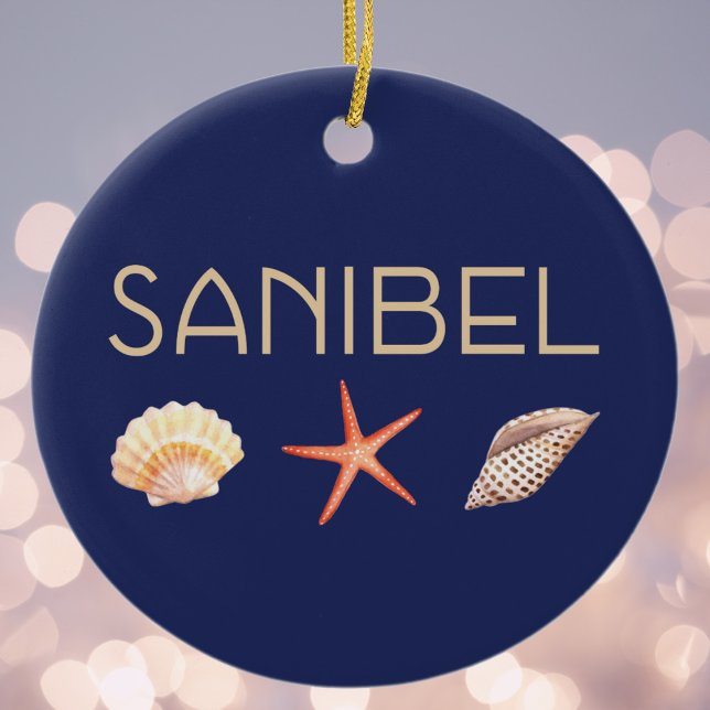 Sanibel Island Seashells on Blue Ceramic Ornament (Creator Uploaded)