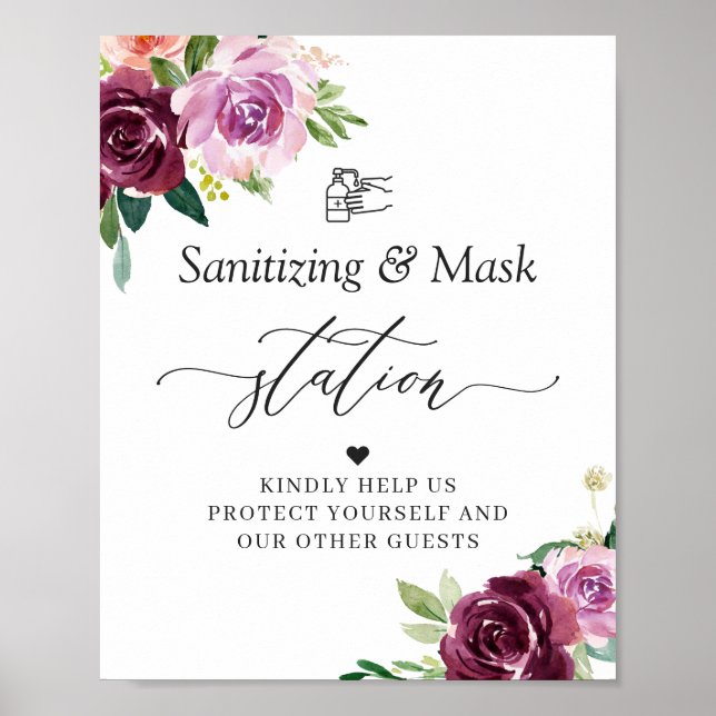 Sanitizing Mask Station Sign Mauve Purple Floral (Front)