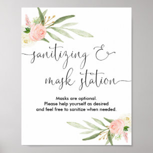 Sanitizing mask station sign pink greenery gold