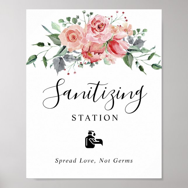 Sanitizing Station Blush Pink Floral Wedding  Poster (Front)