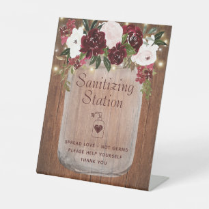 Sanitizing Station Burgundy Blush Rustic Floral Pedestal Sign