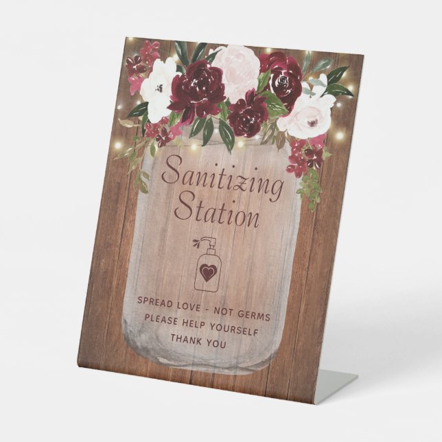 Sanitizing Station Burgundy Blush Rustic Floral  Pedestal Sign (Front)