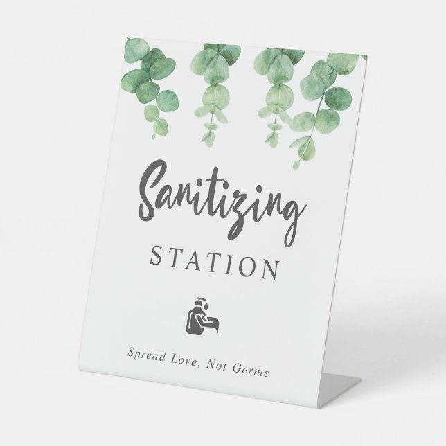 Sanitizing Station Eucalyptus Wedding Botanical Pedestal Sign (Front)