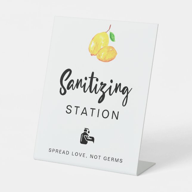 Sanitizing Station Lemon Wedding Bridal Shower Pedestal Sign (Front)