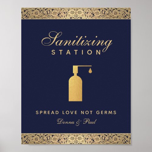 Sanitizing Station Navy Blue Gold Roses Wedding Poster