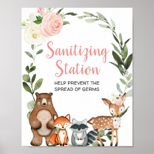 Sanitizing station pink floral woodland shower poster