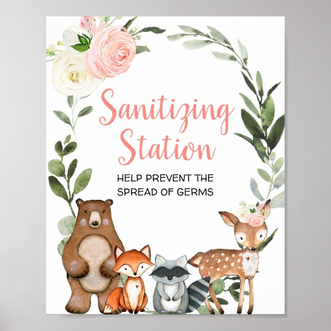 Sanitizing station pink floral woodland shower poster (Front)