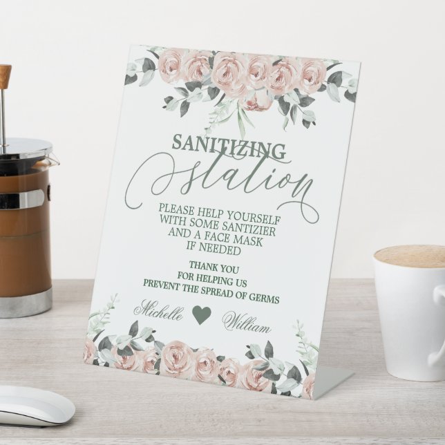 Sanitizing Station Rose Eucalyptus Wedding Pedestal Sign (In SItu)