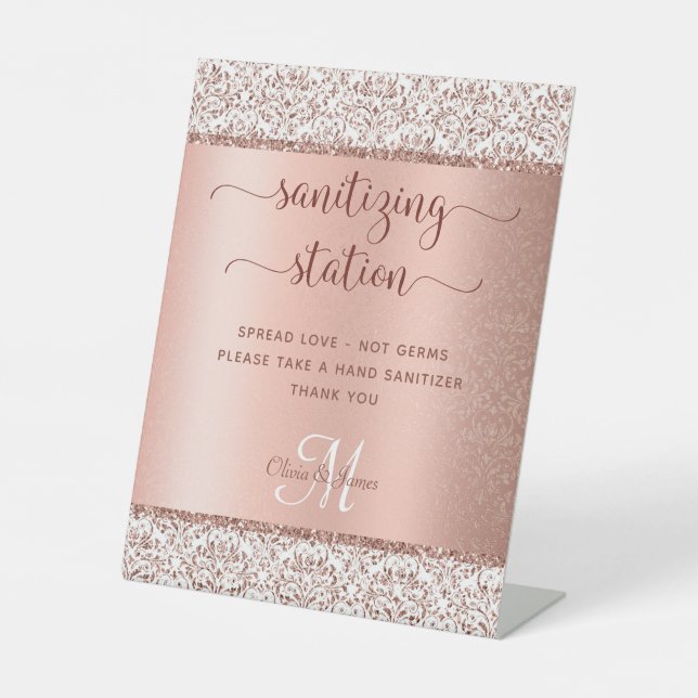 Sanitizing Station Rose Gold Monogram Wedding Pedestal Sign (Front)