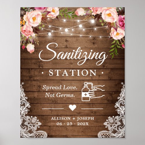 Sanitizing Station Rustic Floral String Lights Poster