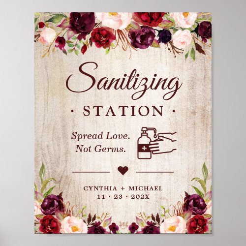 Sanitizing Station Rustic Wood Burgundy Floral Poster