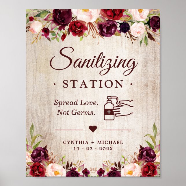 Sanitizing Station Rustic Wood Burgundy Floral Poster (Front)