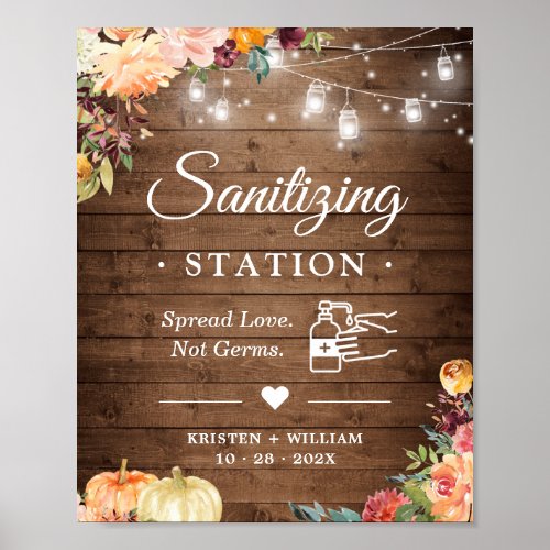 Sanitizing Station Rustic Wood Fall Floral Lights Poster