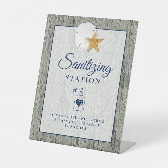 Sanitizing Station Sand Dollar Starfish Wedding Pedestal Sign (Front)