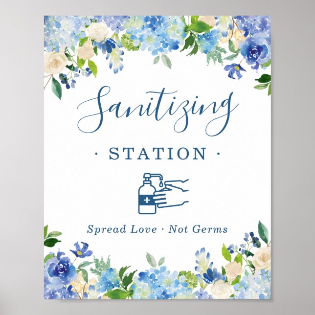 Sanitizing Station Sign Blue Hydrangea Floral (Front)