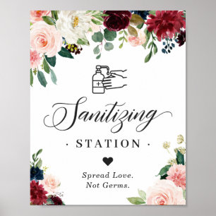 Sanitizing Station Sign Burgundy Blush Blue Floral