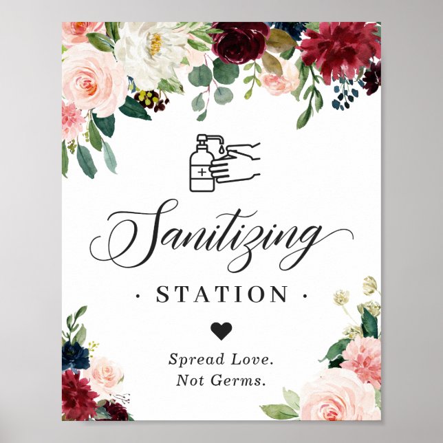 Sanitizing Station Sign Burgundy Blush Blue Floral (Front)