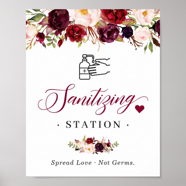Sanitizing Station Sign Burgundy Blush Chic Floral (Front)