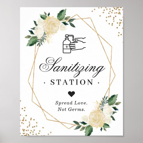 Sanitizing Station Sign Gold Ivory Green Floral