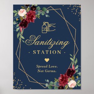 Sanitizing Station Sign Gold Navy Burgundy Floral