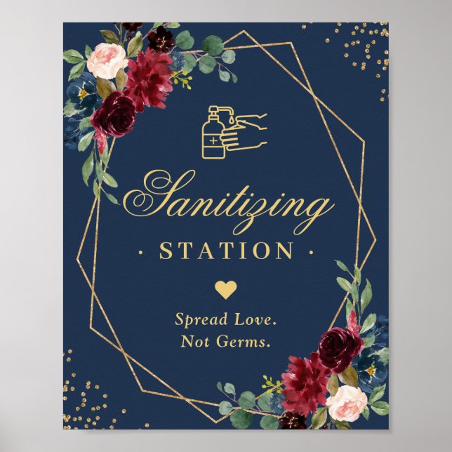 Sanitizing Station Sign Gold Navy Burgundy Floral (Front)