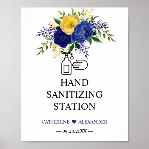 Sanitizing Station Sign Navy Yellow Gold Floral 