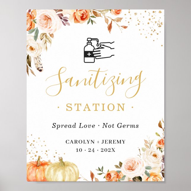 Sanitizing Station Sign Rustic Fall Floral Pumpkin (Front)