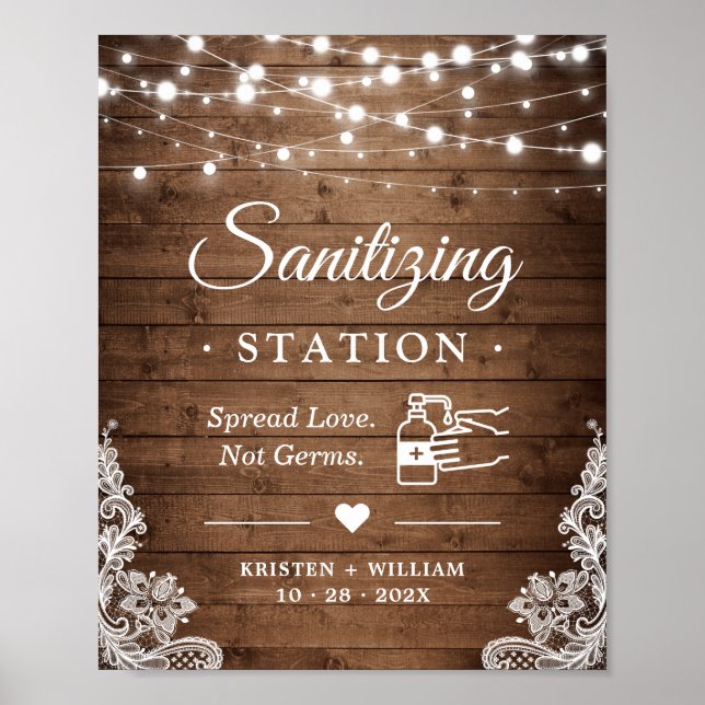 Sanitizing Station Sign Rustic Wood Twinkle Lights (Front)