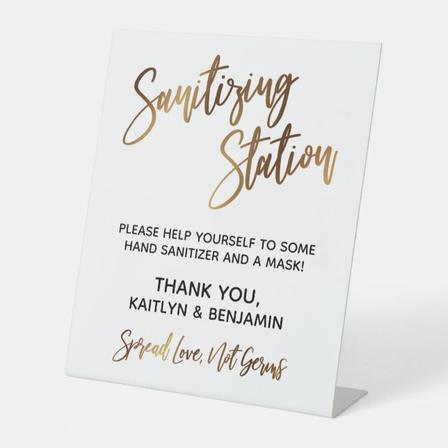 Sanitizing Station Simple Gold Typography Pedestal Sign (Front)