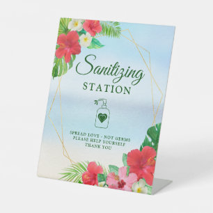 Sanitizing Station Tropical Floral Gold Geometric Pedestal Sign