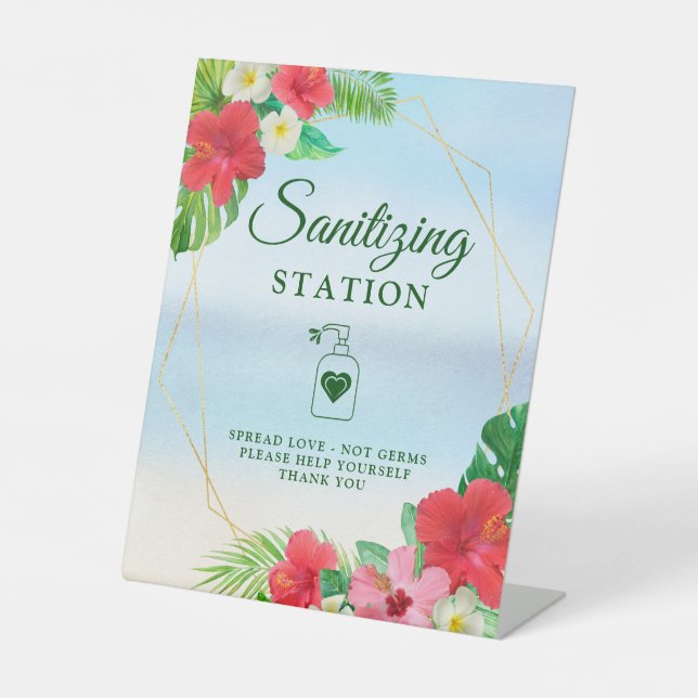 Sanitizing Station Tropical Floral Gold Geometric  Pedestal Sign (Front)