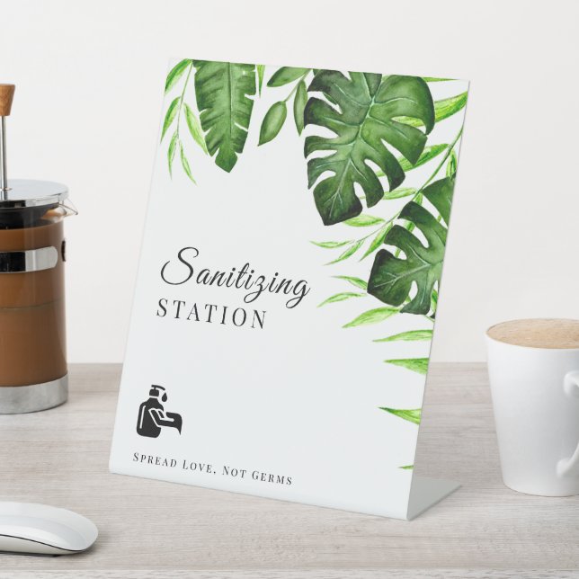 Sanitizing Station Tropical Jungle Greenery Modern Pedestal Sign (In SItu)
