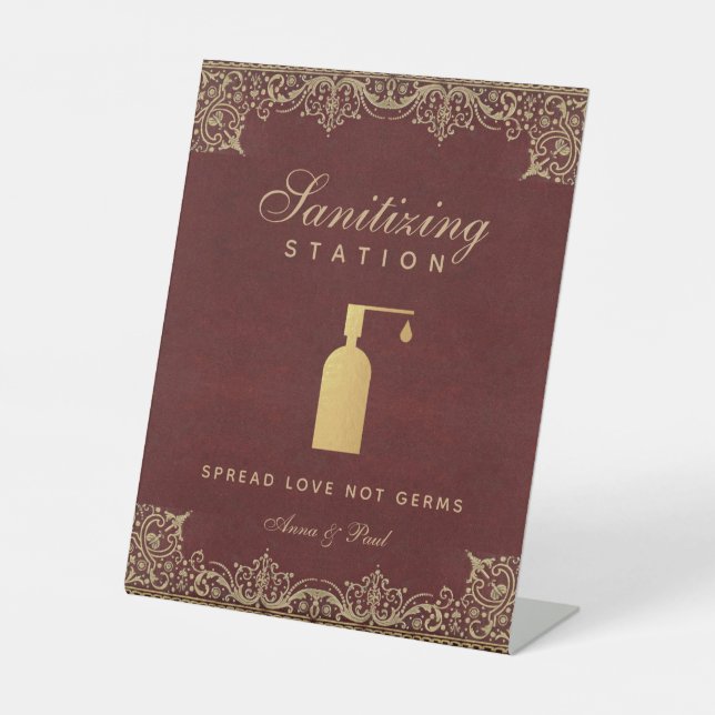 Sanitizing Station Vintage Burgundy Gold Wedding  Pedestal Sign (Front)