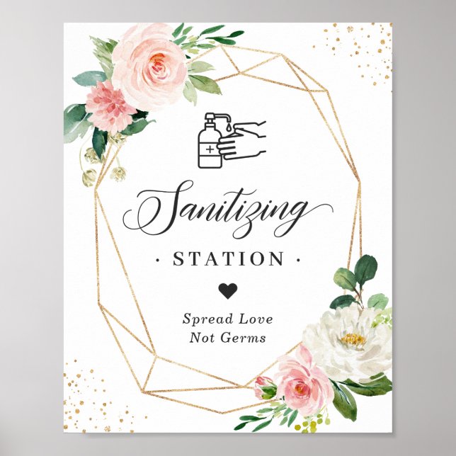 Sanitizing Station Wedding Blush Floral Geometric Poster (Front)