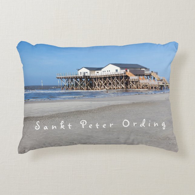 Sankt Peter Ording House on stilts photo with text Accent Pillow (Front)